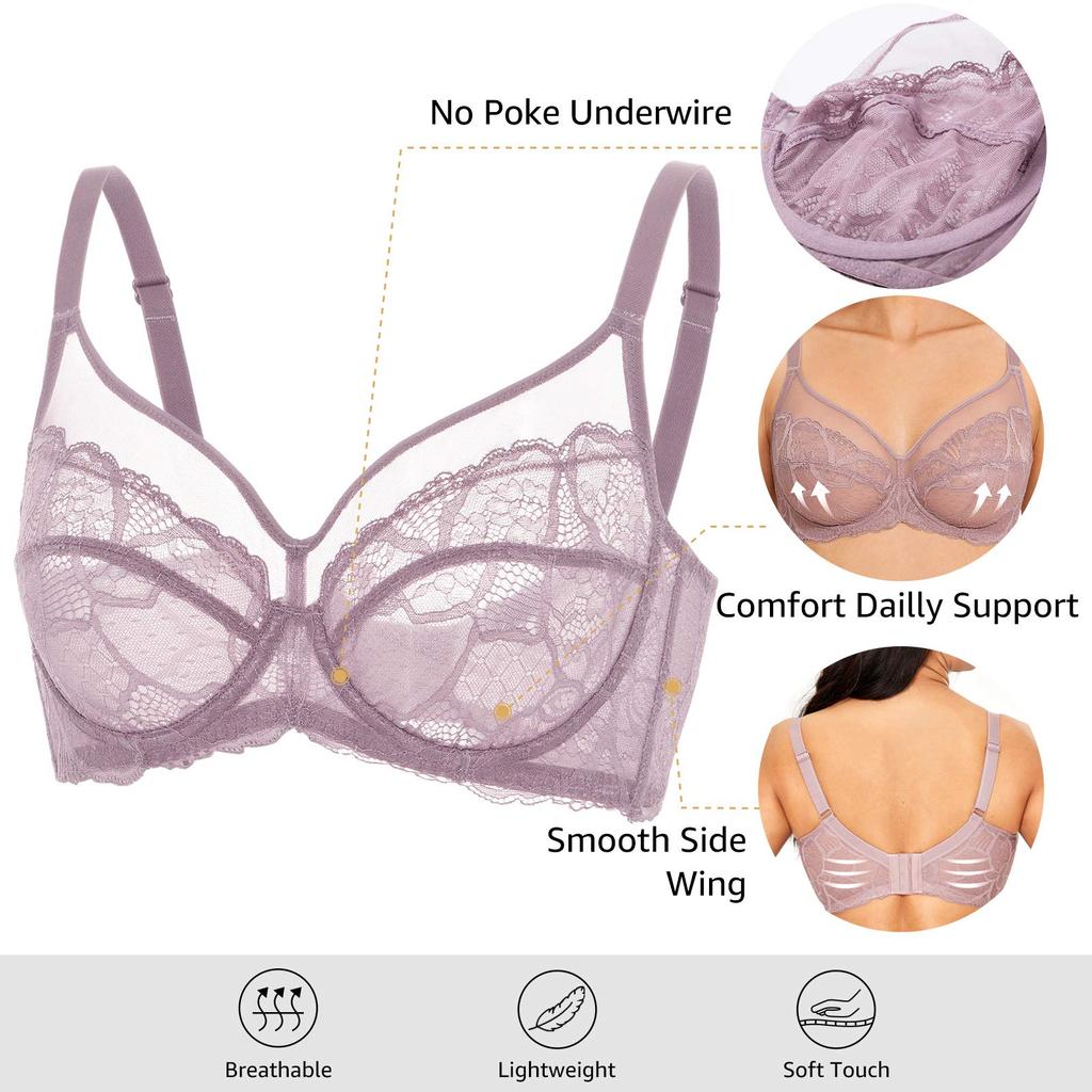 DOBREVA Plus Size Lace Rose F85 Women's See-Through Bra, Sexy, Underwired, Padless, Smaller, Brown,