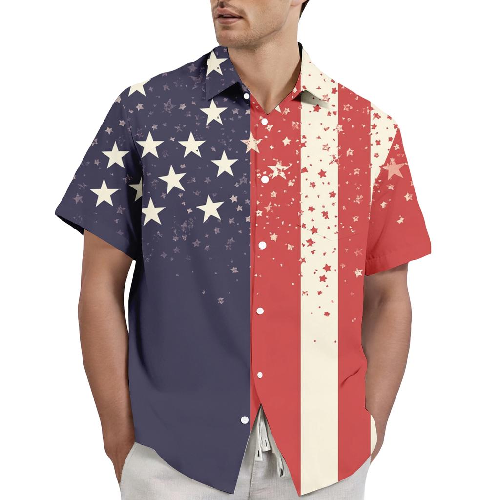 Men's Casual Stylish Flag Letter Print Shirt - Men's Lapel Short-sleeved Button-up Shirt