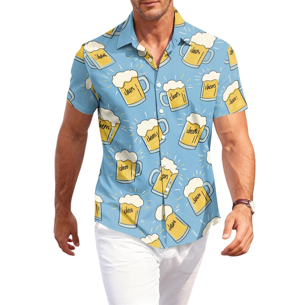 Men's Casual Short Sleeve Button Down Shirt Beer Mug Print Lightweight Breathable Fabric Relaxed Fit Summer Shirt