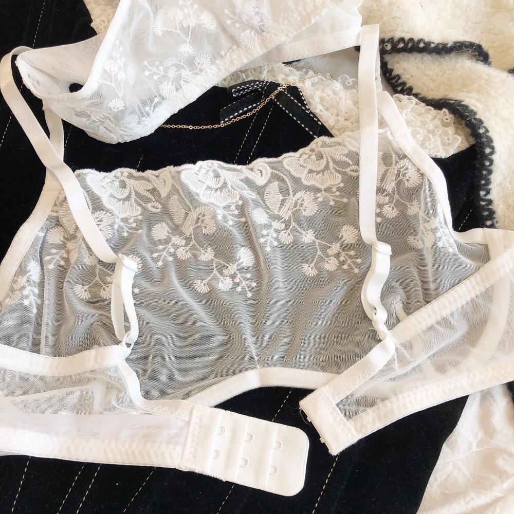 Sexy Lace Flower Embroidery Lingerie Set for Women French Ultra-thin Mesh Transparent Bra Detachable Decoration Chain Underwear