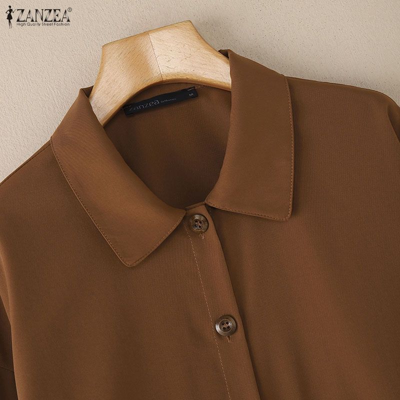 ZANZEA Women Casual Turn Down Collar Loose Long Sleeve Blouse