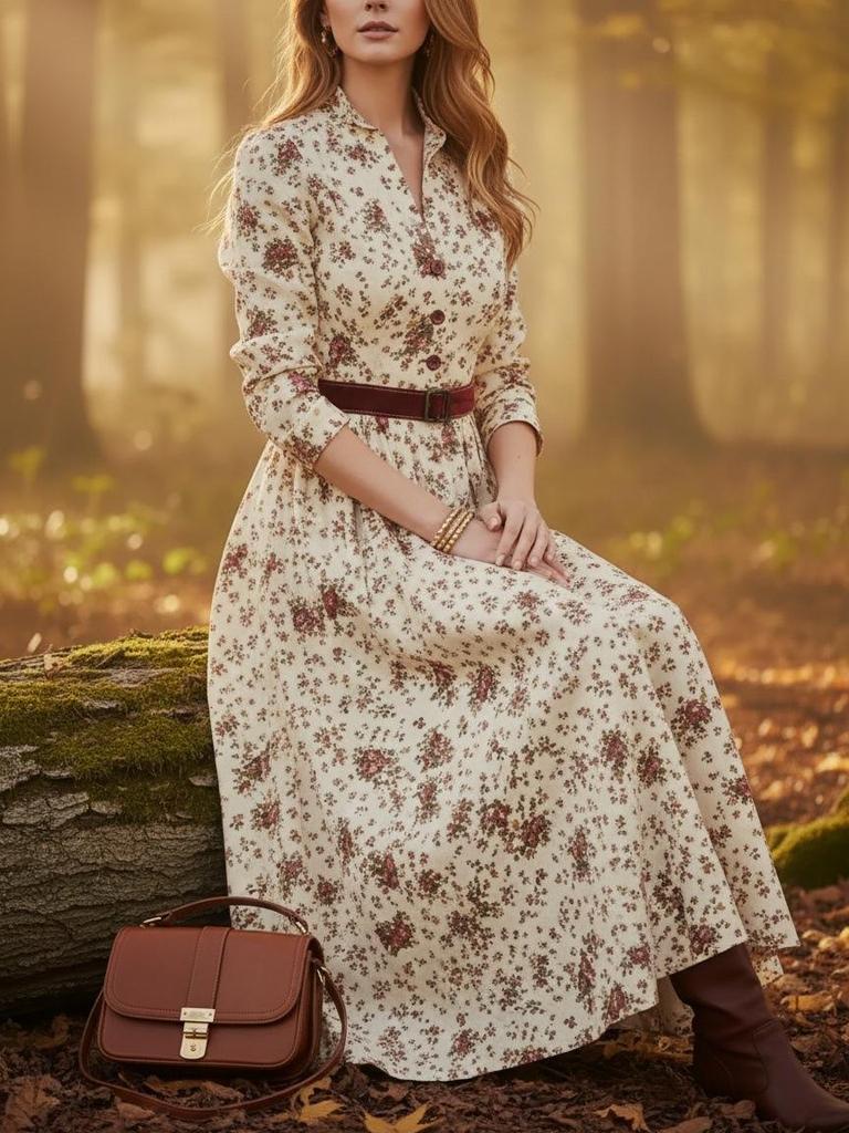 Retro Print V-Neck Waist-Cinching Long-Sleeve Women's Spring Dress 2026