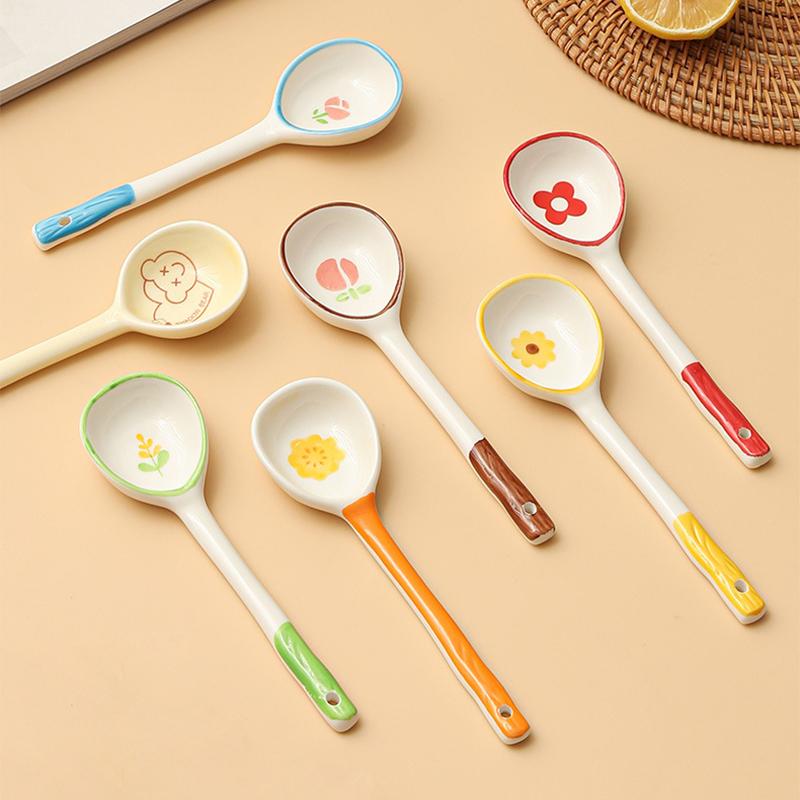 Kawaii Flower Ceramic Soup Spoon Cute Korean Ice Cream Hand Painted Coffee Dessert Long Handle Spoon Kitchen Accessories