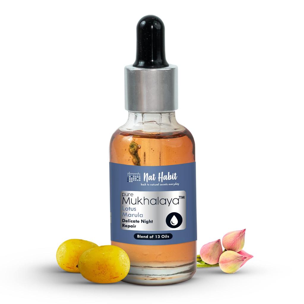 Nat Habit Lotus Marula Mukhalaya, Gesichtsöl für Frauen, Nachtheilung und Hautreparatur, mit einer Mischung aus 13 kaltgepressten Ölen, natürliche Gesichtspflege, 15 ml