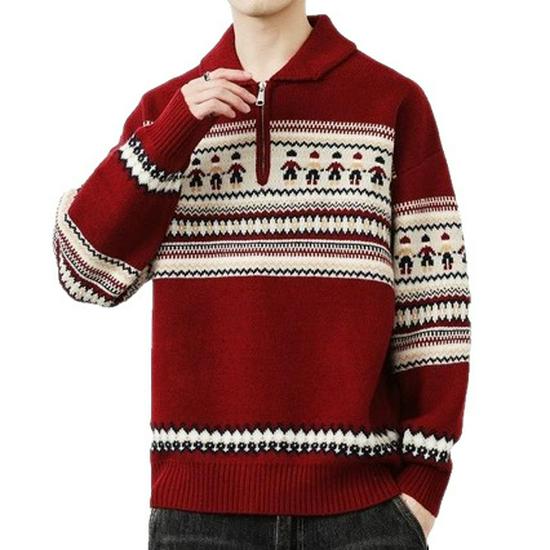 2024 Autumn/Winter Men's Plus Size Red Lapel Half-Zip Sweater - Warm, Versatile Knitwear