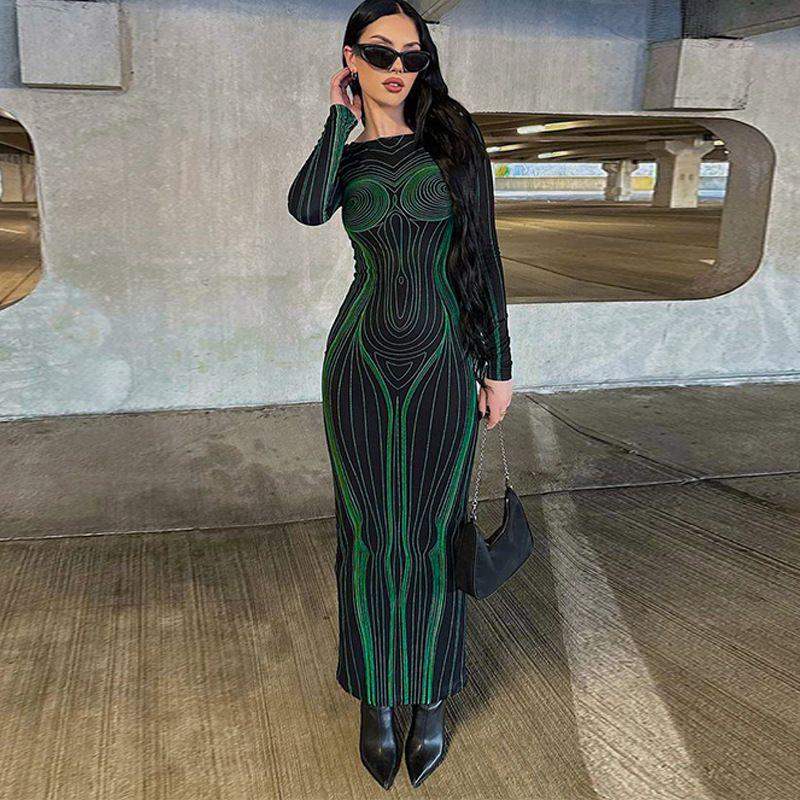 

2023 Fashion Print off Back Slim Fit round Neck Dress Dress Green S