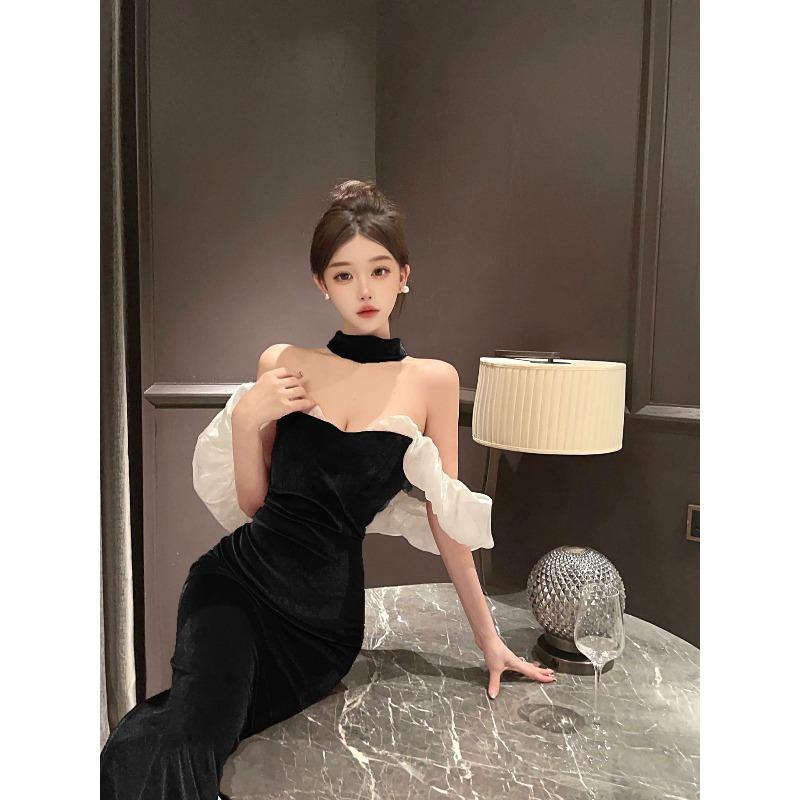 Autumn and Winter New Sexy Lady Golden Velvet Oneword Collar Slim and Thin Dress Dress, Long Style with Chest Pads