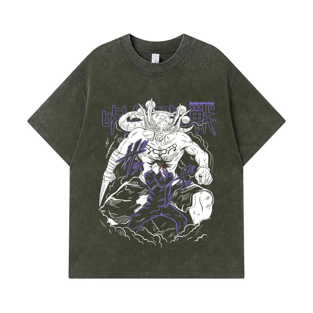 

275 GSM Washed T-shirts 100% Cotton Jujutsu Kaisen V35 Mahoraga Print Unisex Heavy Cotton T Shirt S армия зеленый