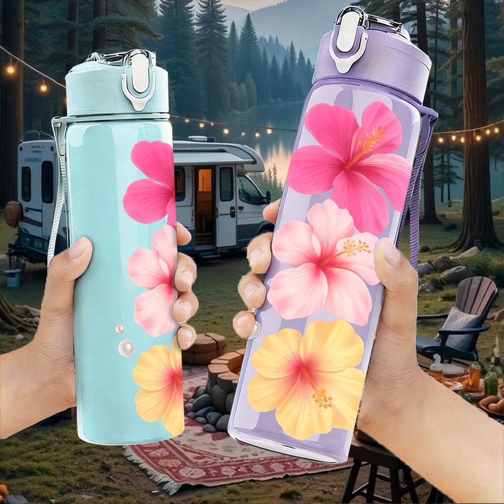 1PC Plumeria Flower Illustration 750ml Color Plastic Sports Water Bottle Leakproof Flip Straw Lid Suitable for Sports Office Home Use