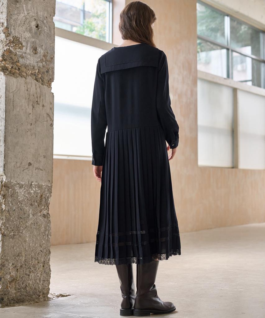 Mite Sailor Ribbon Lace Pleats Dress_Navy