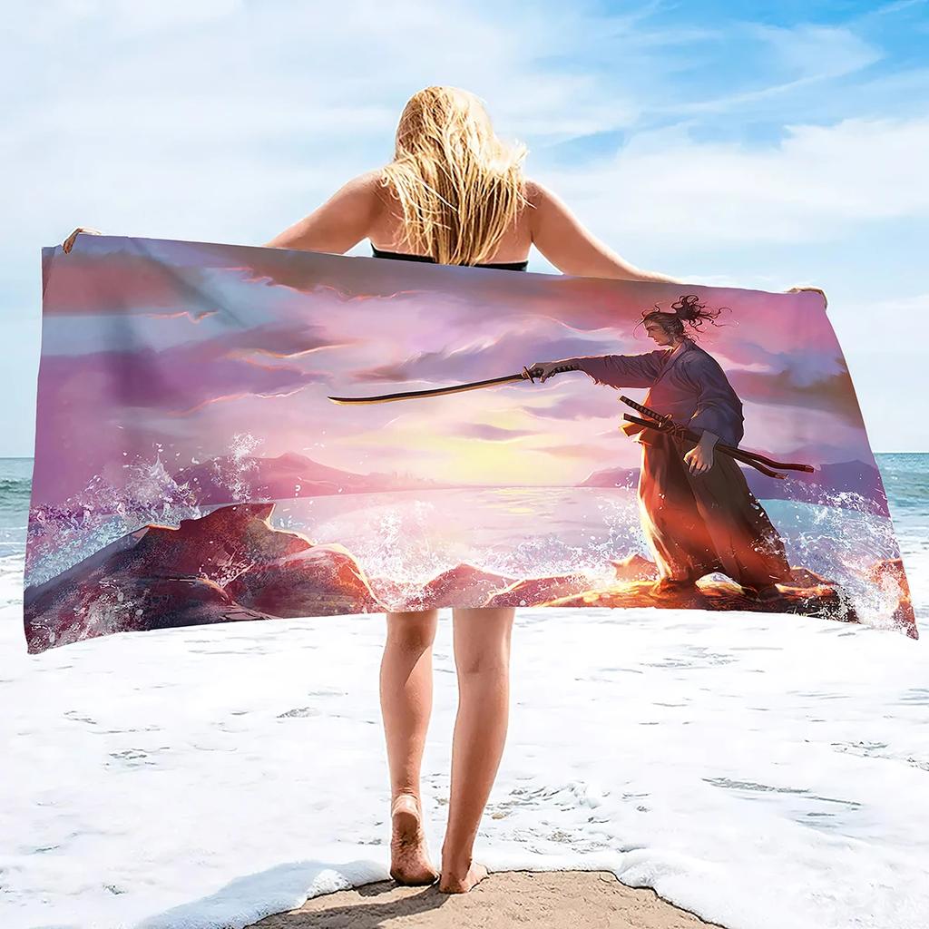 Japanese Samurai Beach Towel Super Soft Water Absorbent Bath Towels Mens Light Bath Towels Water Absorpt Swim Bath Towels