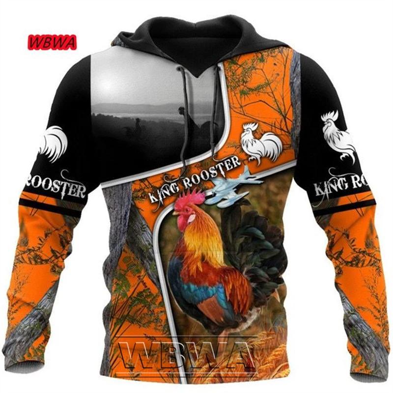 Krásná unisexová luxusní mikina s kapucí s celoplošným 3D potiskem kohouta, pánská mikina, pulovr, ležérní bunda Harajuku, tepláková souprava