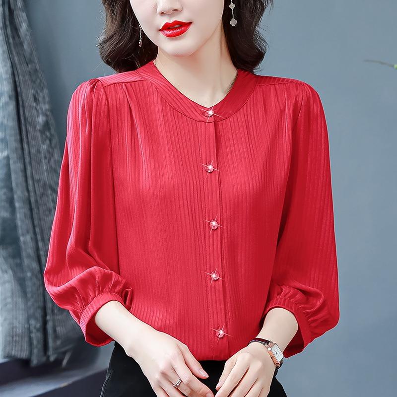 Koszula w paski ze stójką z rękawami do połowy długości damski top luźne bufiaste rękawy rękawy siedem ósmych zakrywający brzuch koszula plus size bluzki i koszule