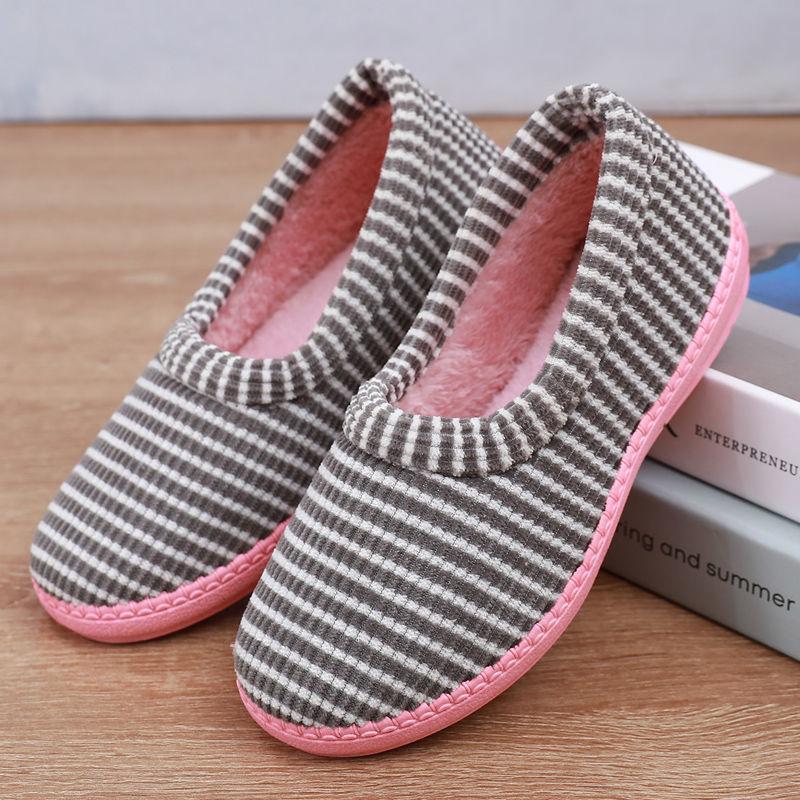Winter Cotton Slippers Women's Cotton Shoe Bag Heel Cute Striped Indoor Cotton Slippers Non-slip Warm Plush Low-top Confinement Shoes