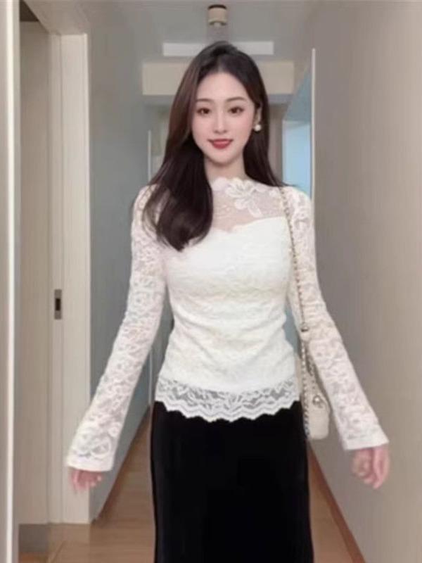 Women's 2025 Winter French Lace Long-Sleeve Mesh Base Layer Top