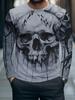 Men's Dark Skull Print Long-sleeved T-shirt, Unique and Cool Street Style Top, Halloween-themed Creative Graffiti Design.
