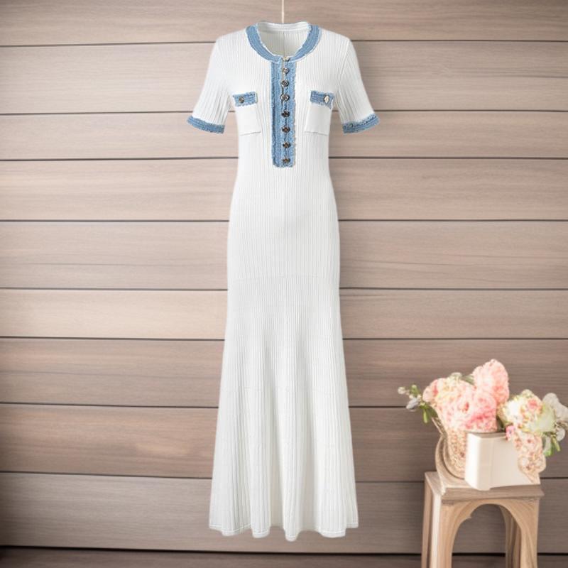 Dámské elegantní letní džínové patchworkové dlouhé šaty, zapínání na knoflíky, kulatý výstřih, pletené šaty