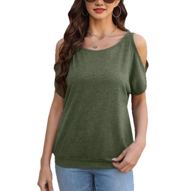 2025 Spring Summer Sexy Off-the-shoulder Short Sleeved Women Blouse Crew Neck Loose T-shirt Casual Simple Basic Solid Color Office Women Top Shirts