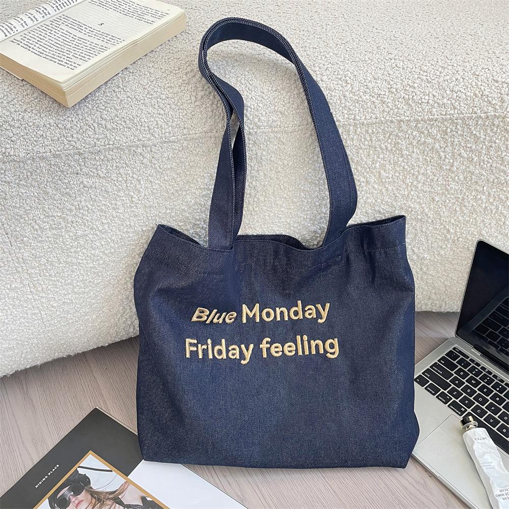 

2 Вышитые Буквы Джинсовая Модная Холщовая Сумка Женская Сумка для Поездок На Плечо Портативная Сумка-Тоут темно-синий