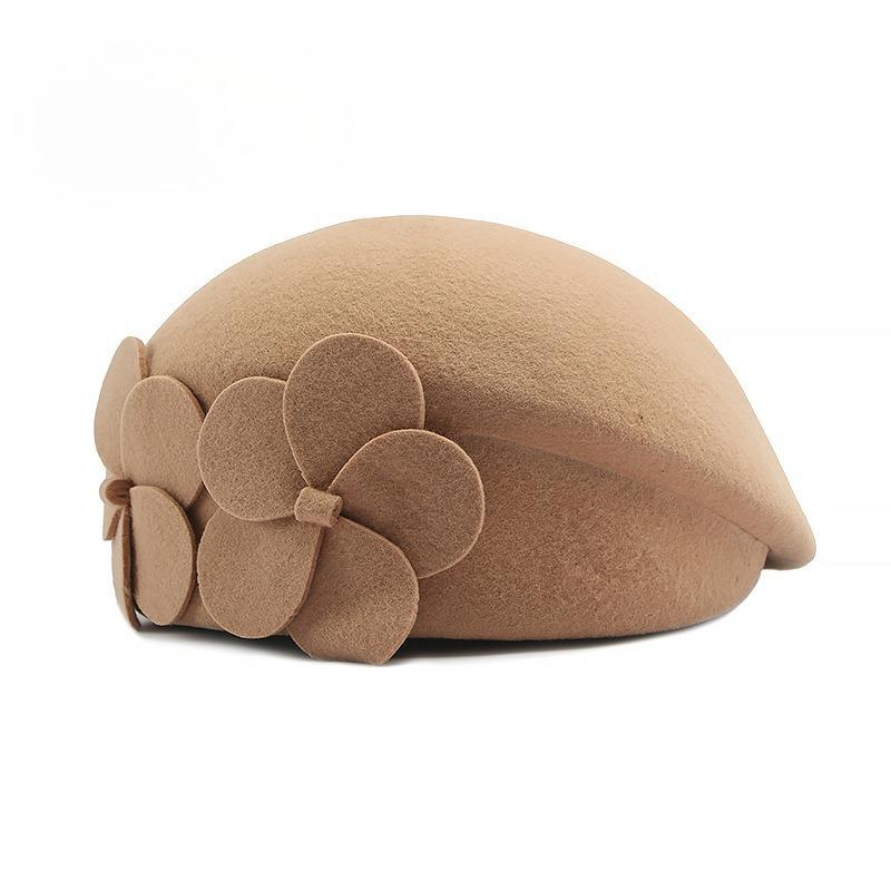 100% Pure Wool Beret for Women Elegant Floral Woolen Hat Vintage French Style Painter Cap Autumn Winter Warm Stewardess Hat Solid Color