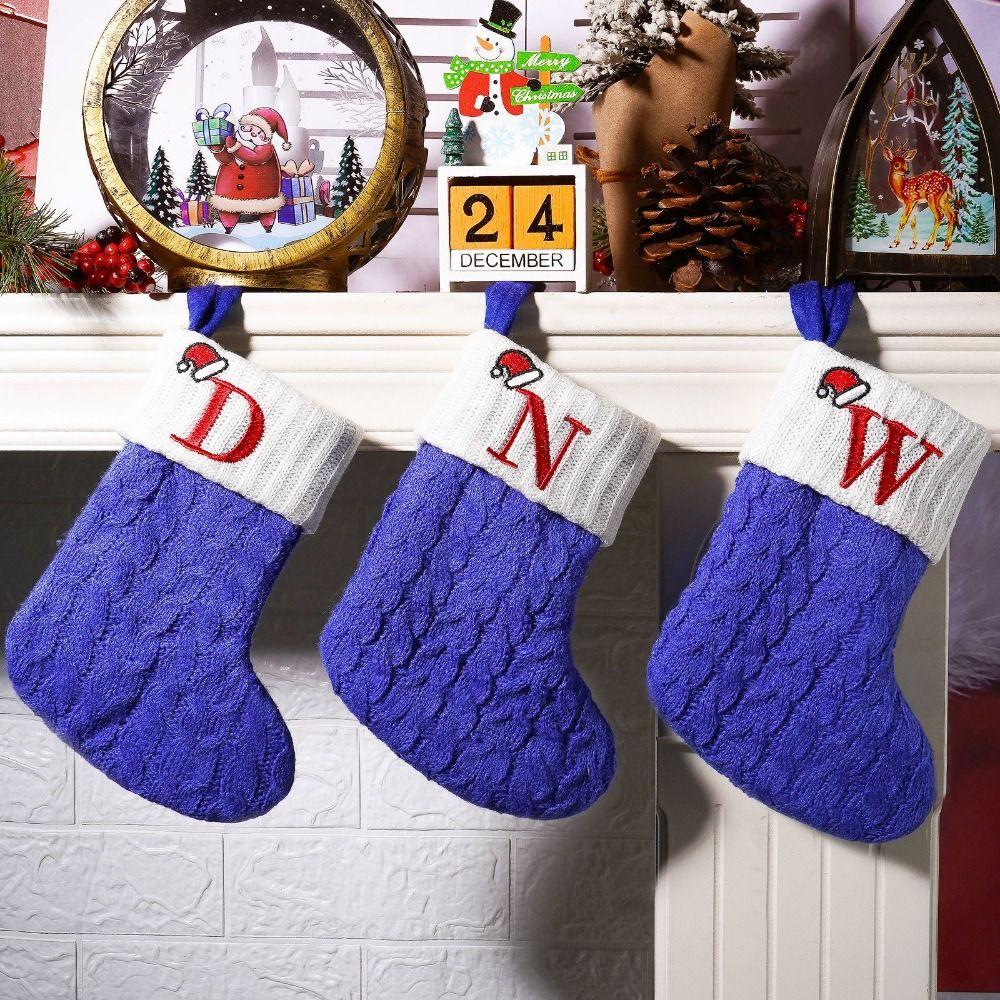 Blue Letter Knitting Socks Large Capacity Christmas Tree Ornaments  New Year Decoration
