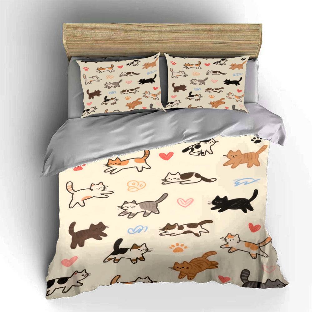 Cute Cat Pattern Decorative Set Bedding Set With 1 Duvet Cover 2 Pillowcases Single Double King Queen, Gift