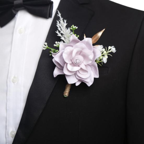 Men Simulated Rose Corsage Lightweight Compact Size Brooch Forest Style Suit Decoration with Green Leaves Vine Elements Prom Floral Accessory