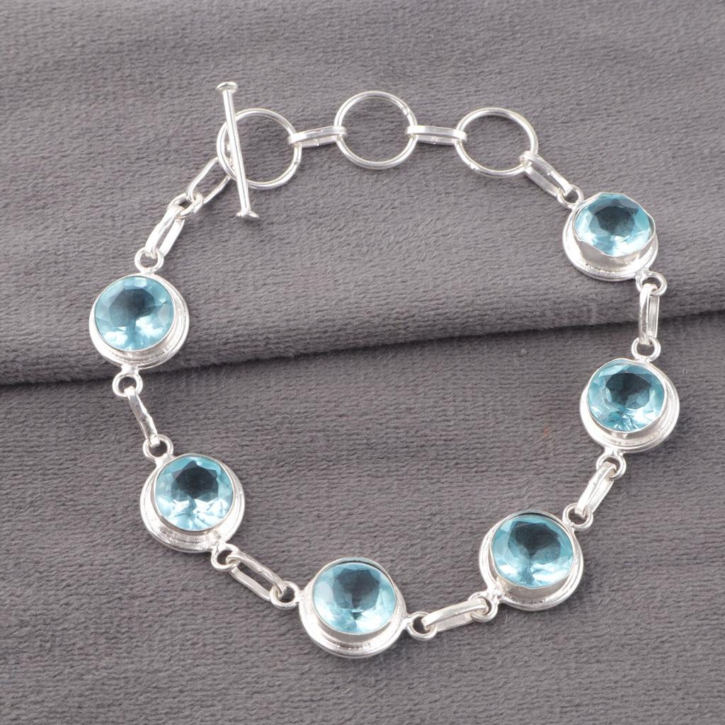 Natural Sky Blue Topaz Gemstone 925 Sterling Silver Jewelry Handcrafted Bracelet RB-13-4