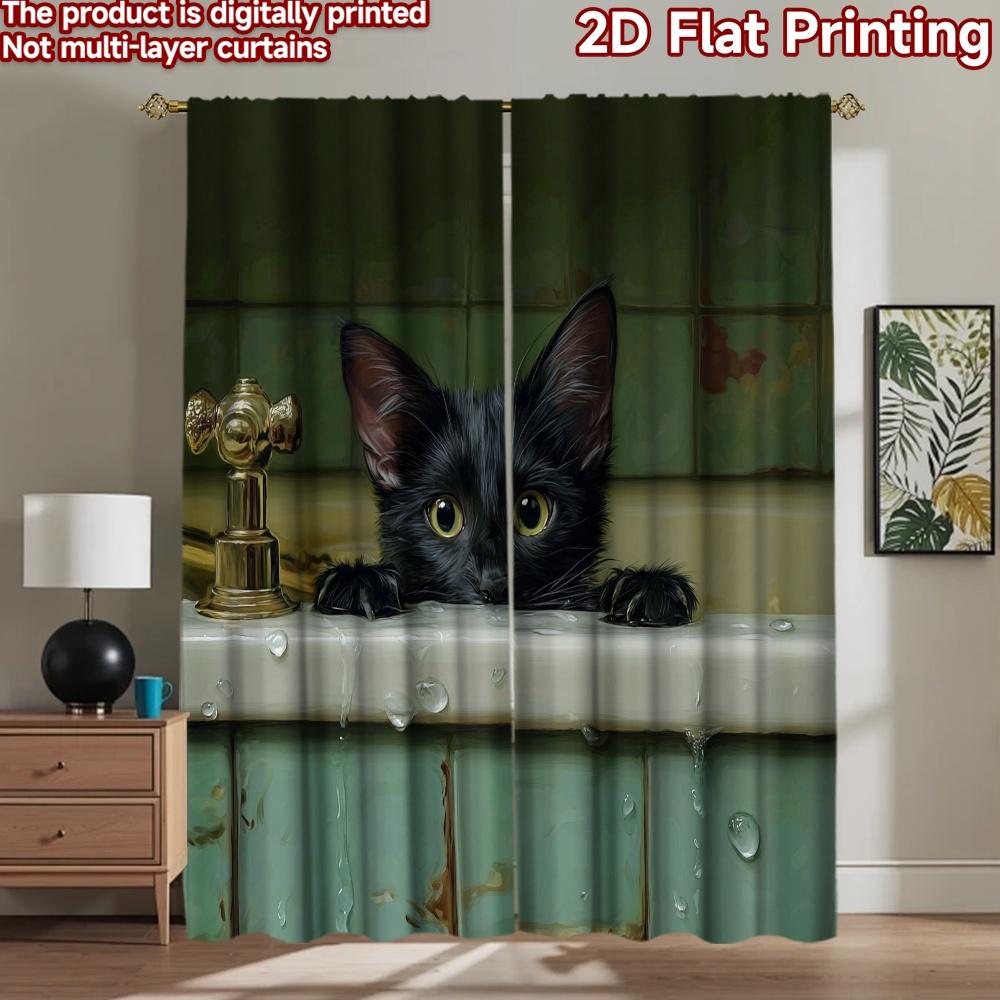 2D flat printing 2pcs Curtain Black Cat Bathing Digital Printed Polyester Drapes Party Decorations for Parties and Everyday use