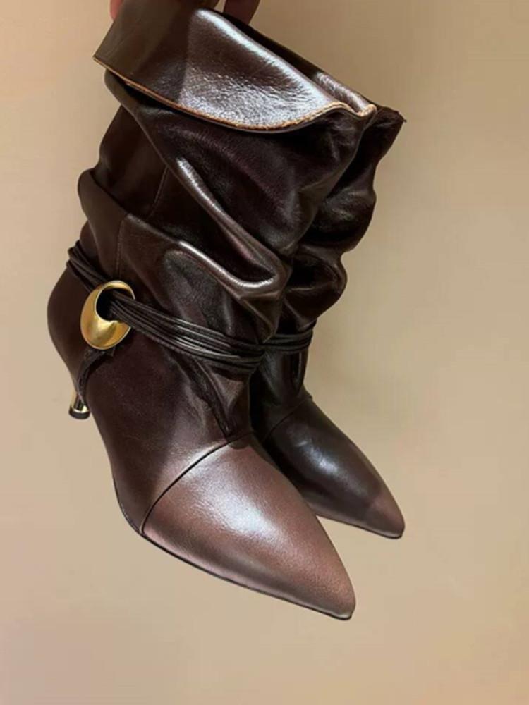 European and American Women's New Pointed Pleated 5cm Thin Heel Fringed Calf Boots, Knight Boots, Plus Size Mid Length Boots