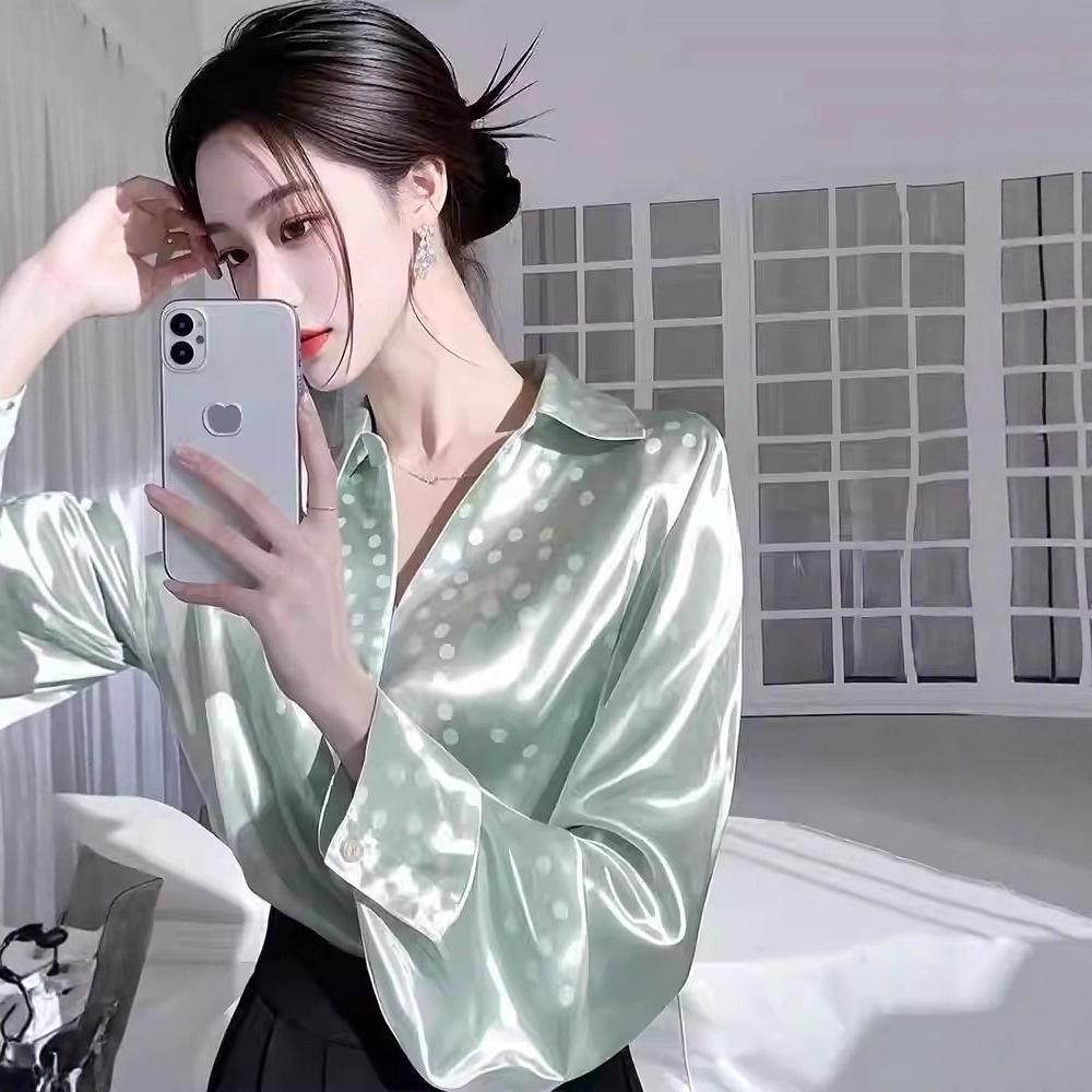 2025 French Light Luxury Satin Long Sleeve Blouse - Plus Size, Loose Fit for Early Spring