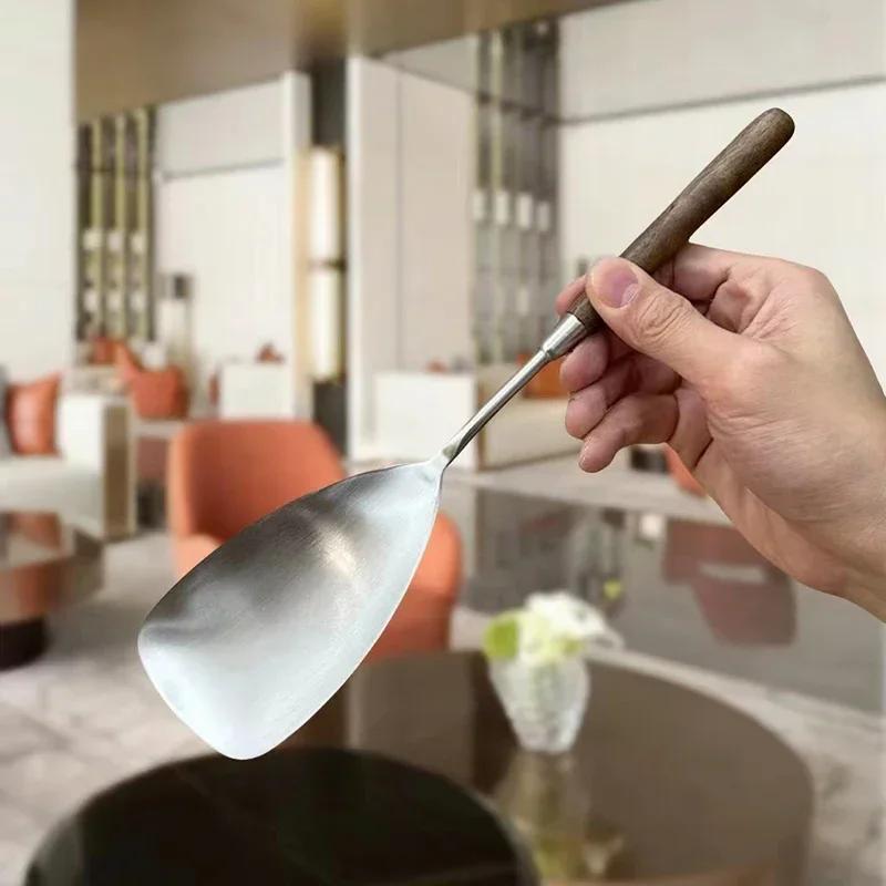 Kitchen Dinner Dish Rice Shovel  Handle Stainless Steel Soup Spoon for Household Use Porridge Soup Restaurant Wooden Tableware
