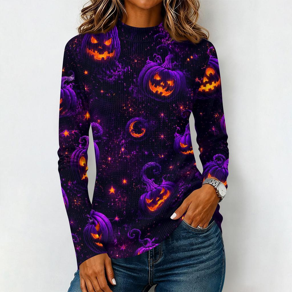 Damen Halloween Langarm T-Shirt Strick Lässig Rundhals Pullover Top