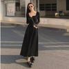 2024 Women's French Square Neck Long Sleeve A-Line Dress - Spring/Autumn Waist-Slimming Maxi