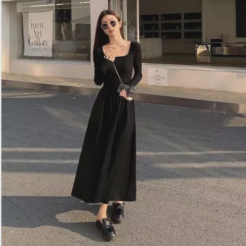 2024 Women's French Square Neck Long Sleeve A-Line Dress - Spring/Autumn Waist-Slimming Maxi