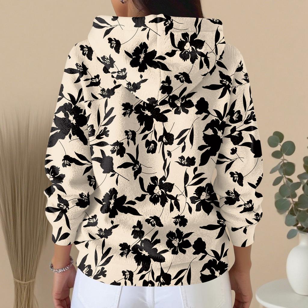 Women's Fashion Casual Sweater Button-Up Print Cardigan  Hooded Jacket
