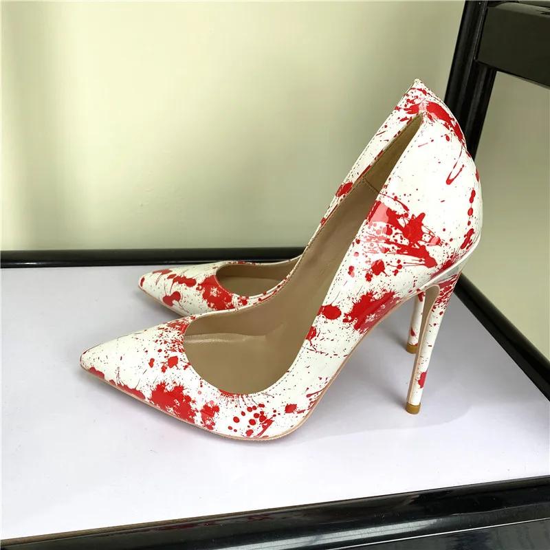 Fashion Art Graffiti Print Female Sexy Stiletto High Heel 10/12Cm Patchwork Ladies Party Pointed Toe Pumps Shoes Color Plus Size 34-46