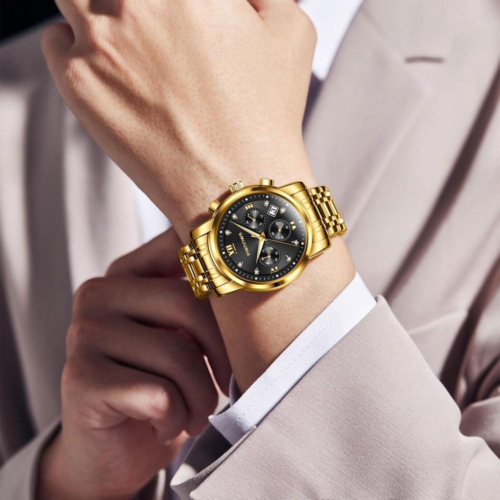 PINDOWS Men's Analog Quartz Watch with Day Date Display Stainless Steel Band Daily Water Resistance