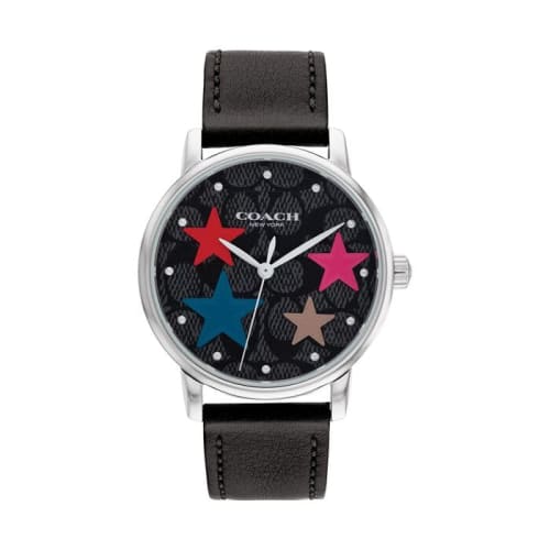 

Coach Grand Watch, 36mm, with a pink dial, stainless steel and mineral glass, and a quartz movement. This women s watch, model 14503847, is available