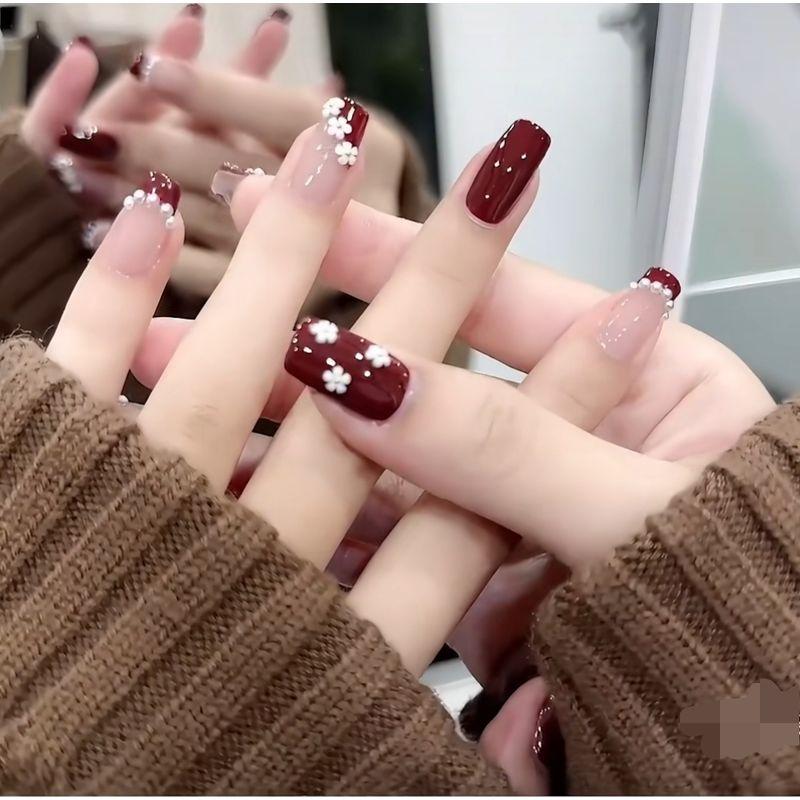 

Best Selling 2025 New Year Red Little Flower Short Nail Stickers White Manicure Detachable Pregnant Women Wear Nail Small rectangular red French flowers in XS