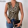 ZANZEA Women Casual Button V-Neck Leopard Print Sleeveless Vest Tops