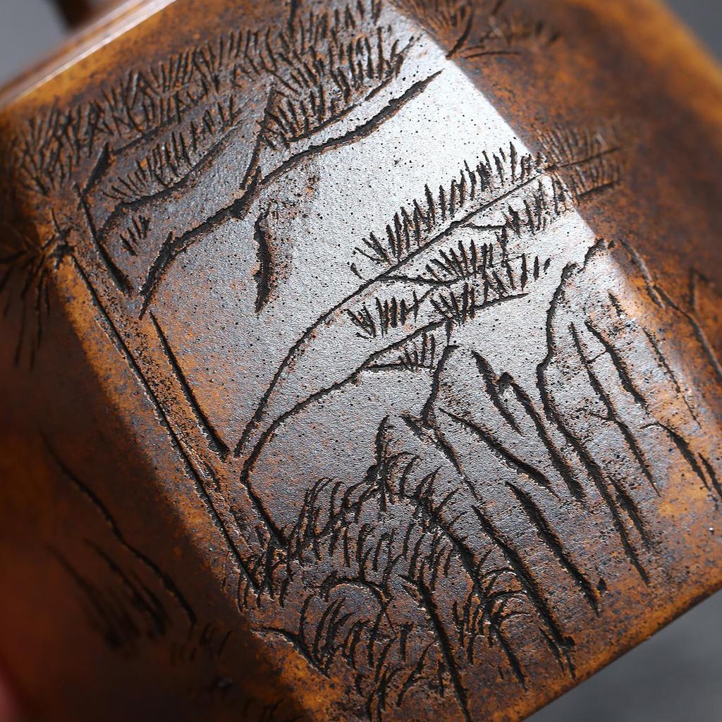 Yixing Zisha Teapot: Semi-Handmade Hexagonal Pine Carving with High Temperature Gold Sand Finish