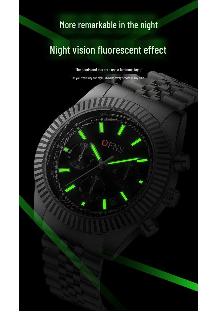 Oufannishi Men's Multifunction Chronograph Quartz Watch with Calendar and Stainless Steel Band, Waterproof Design