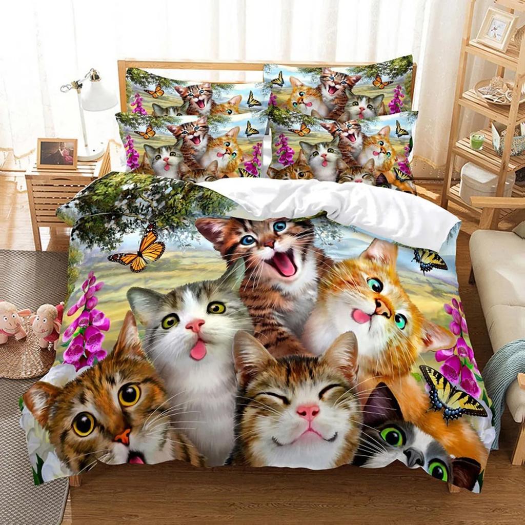 3D Cat Cute Kitten Bedding Sets Quilt Bed Cover Comforter Duvet Cover Pillow Case 2-3 Pieces Sets Kids Adult Bedroom Decoration