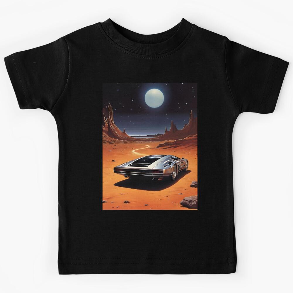 Metallic Color Futuristic Sports Car and an Extraterrestrial Desert Landscape at Night with Starry Sky Kids T-Shirt 160
