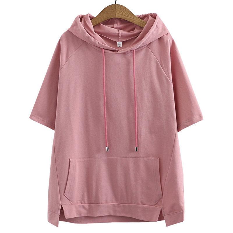 Sommer Damen Koreanische Version des Kapuzenoberteils Einfarbig Lässiger Stil Kurzarm T-Shirt Große Größe Kapuzenpullover T-Shirt