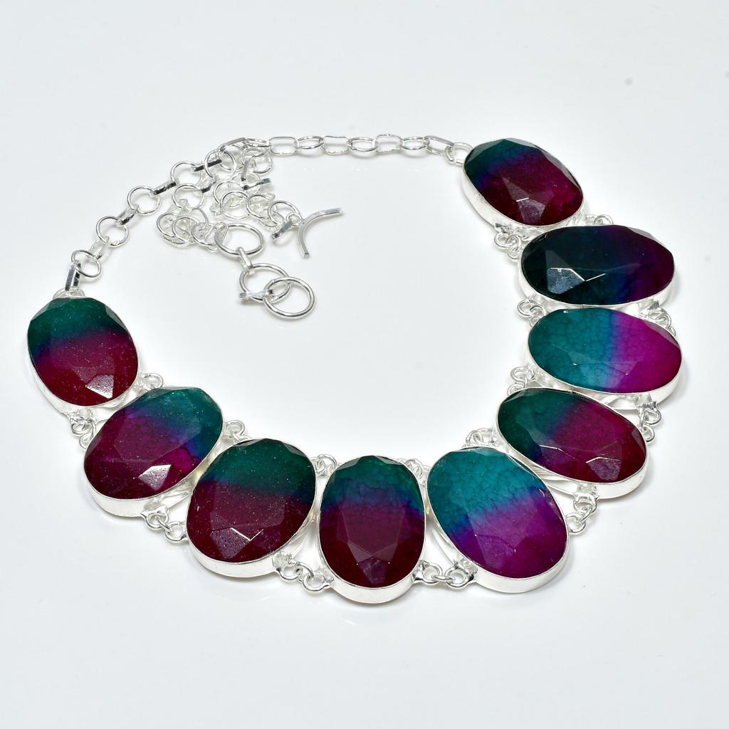 Natürlicher zweifarbiger Turmalin Edelstein Handgefertigter 925 Sterlingsilber Schmuck Zweifarbiger Turmalin Halskette Armband Set, Antiker Schmuckset, Geschenk für Mama