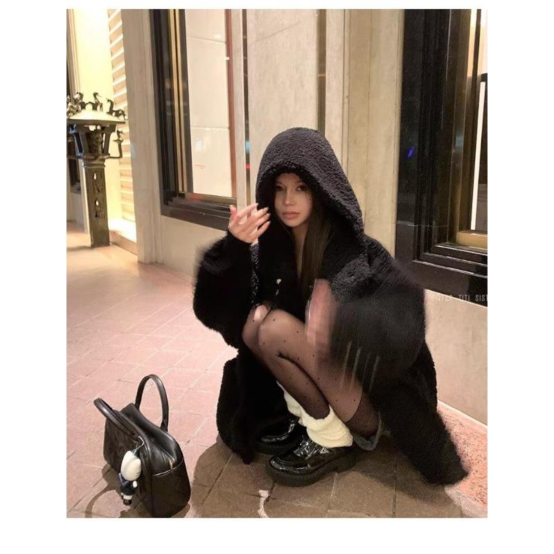 Winter Korean Fashion Fleece Coat Women Hooded Thickened Slim Fit Casual Lazy Style