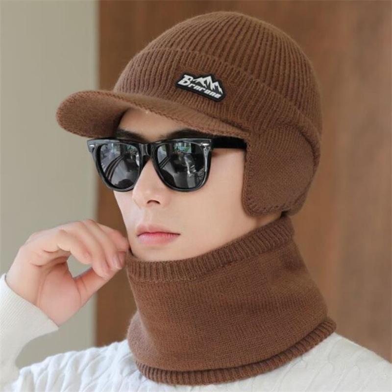 Hat Men's Winter Velvet Thickened Ear Protection Knitted Hat Outdoor Cycling Warm Cold Hat Cold and Windproof Neck Scarf Suit