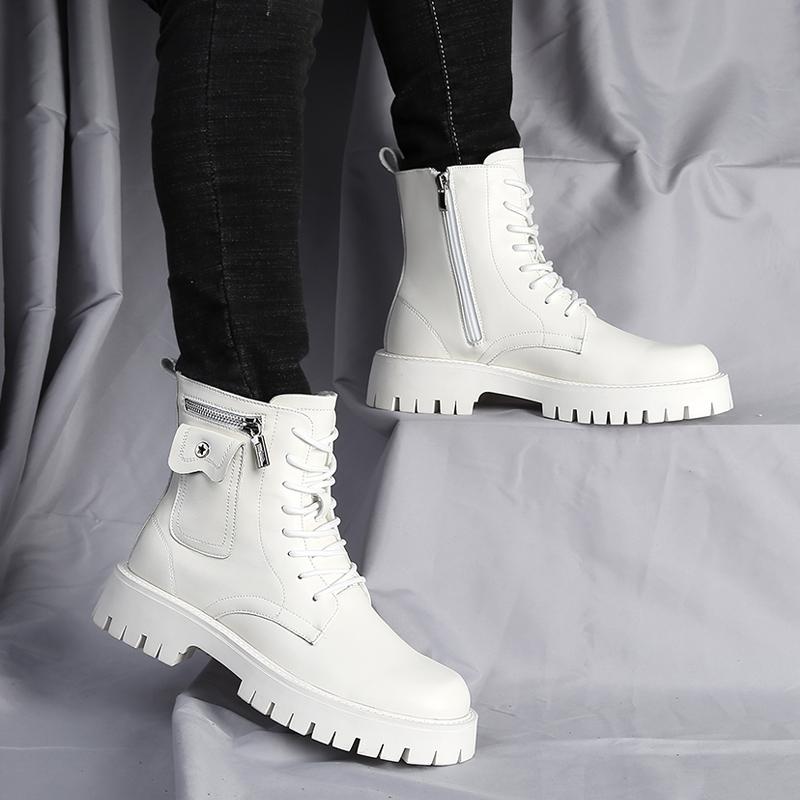 Fashion Men's Fashionable Men's Ankle Boots English Style Thick Soled Lace Up  Boots Round Head Leather Shoes Mid Heel White Motorcycle